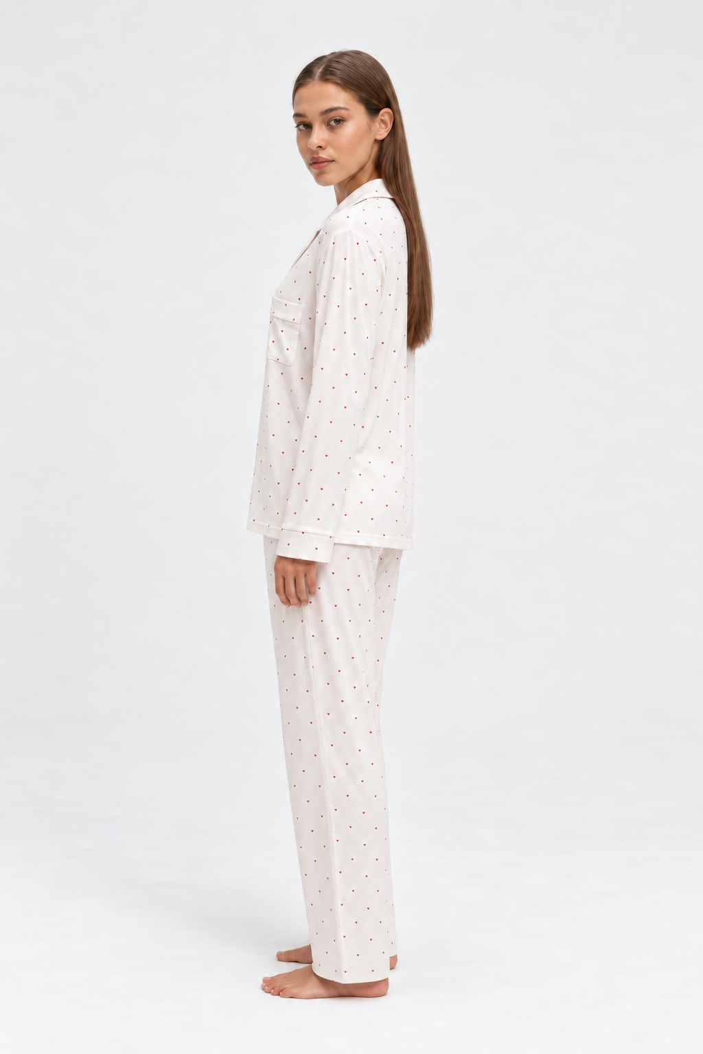 long heart print pajama set white worn by Sarah, additional studio angle