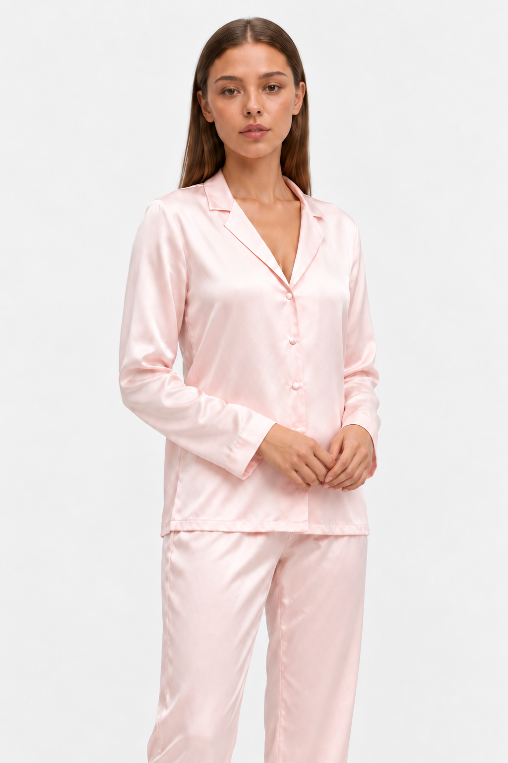long silk pajama set pink worn by Sarah, studio detail