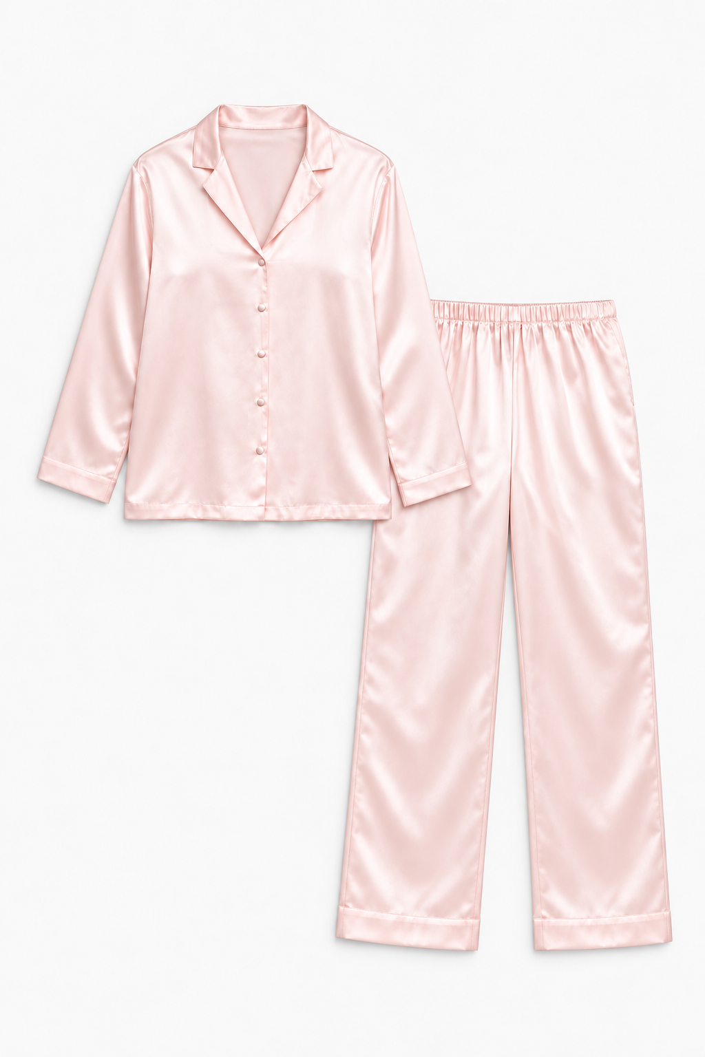 long silk pajama set pink studio flatlay