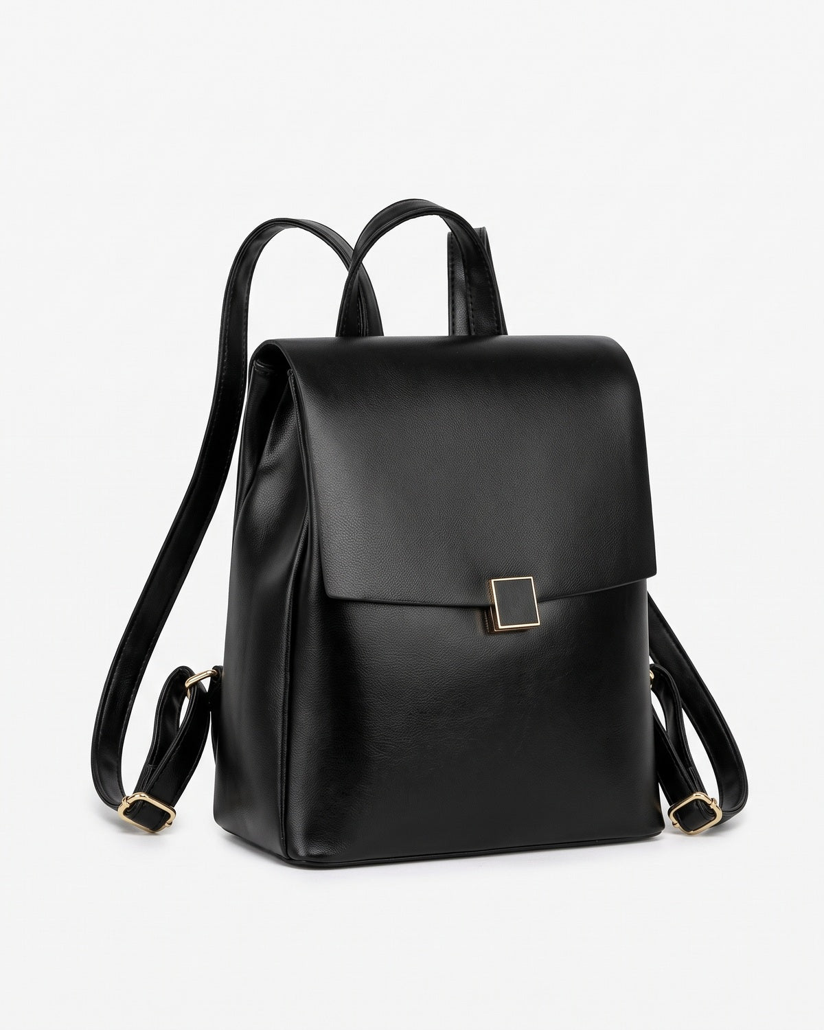 Black mini backpack with adjustable straps and gold hardware, three-quarter view on a plain background