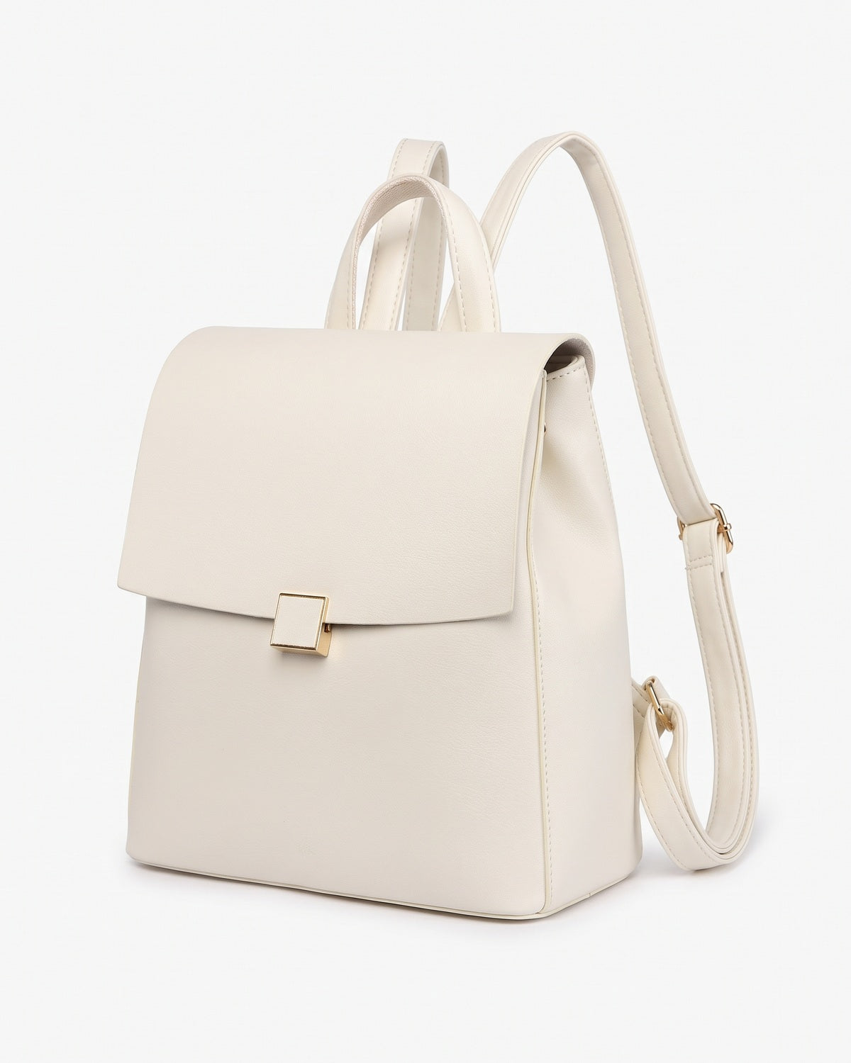Off-white mini backpack with adjustable straps and gold hardware, three-quarter view on a plain background