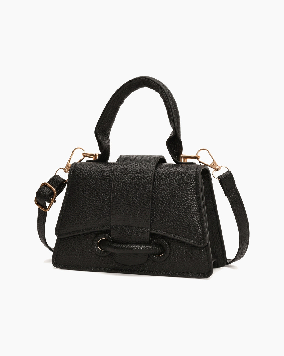 Black mini top handle bag turned to show its side, on a plain background
