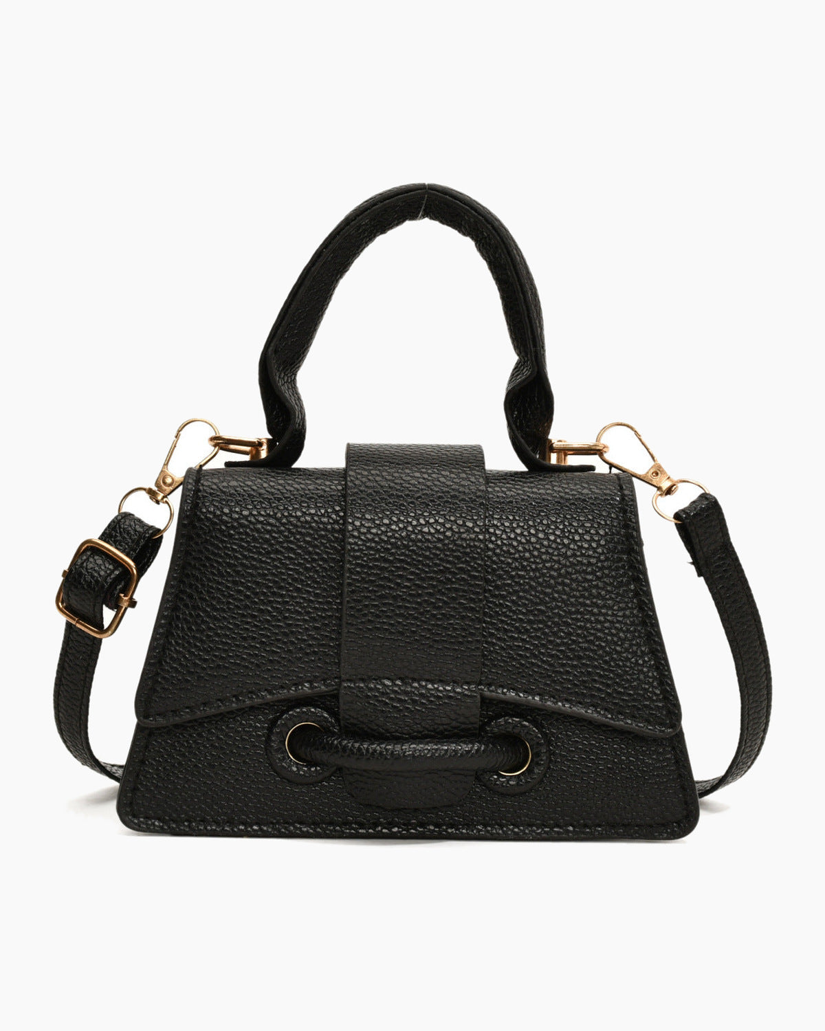 Black mini top handle bag with a rolled top handle and a gold eyelet closure, on a plain background