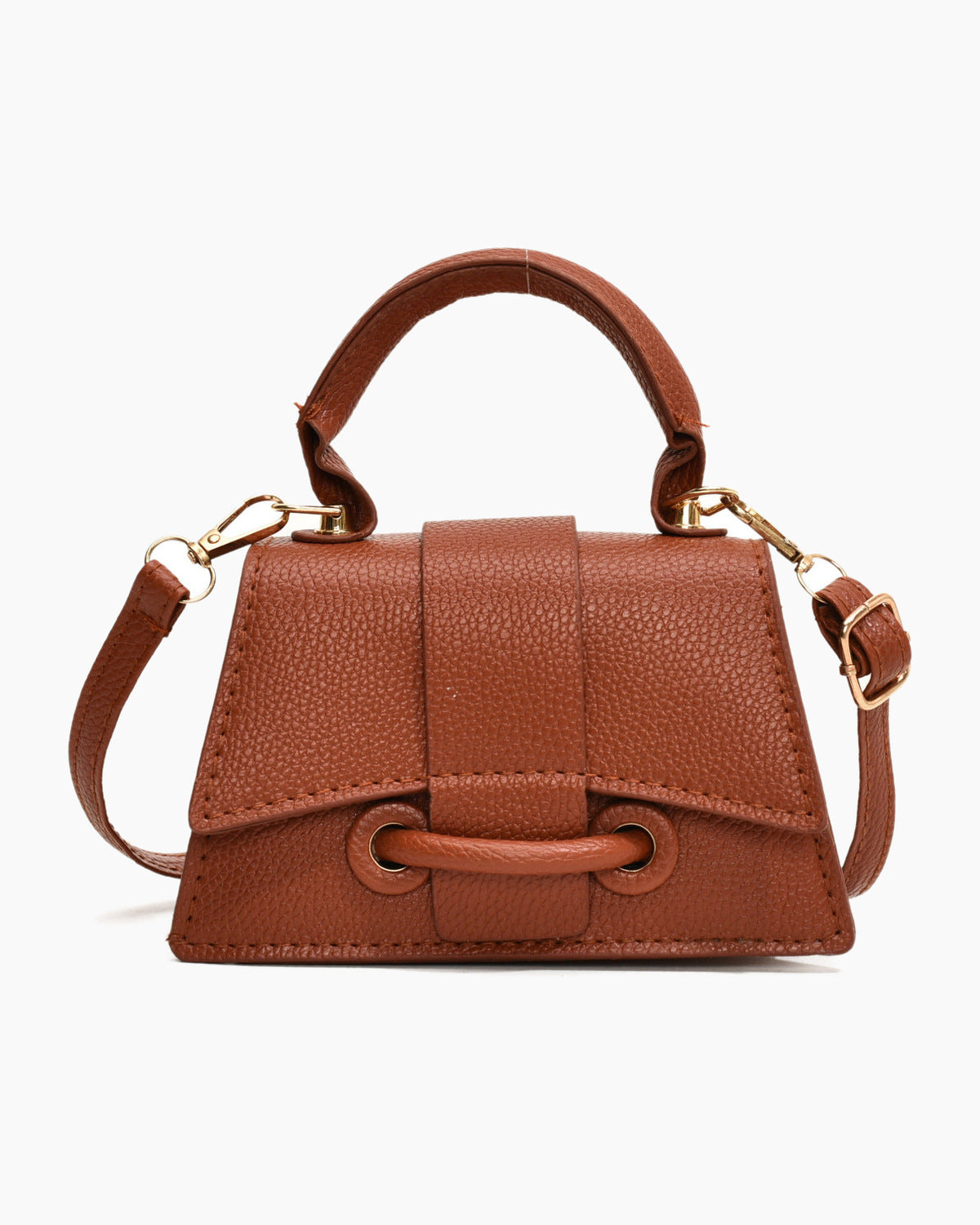 Brown mini top handle bag with a rolled top handle and a gold eyelet closure, on a plain background