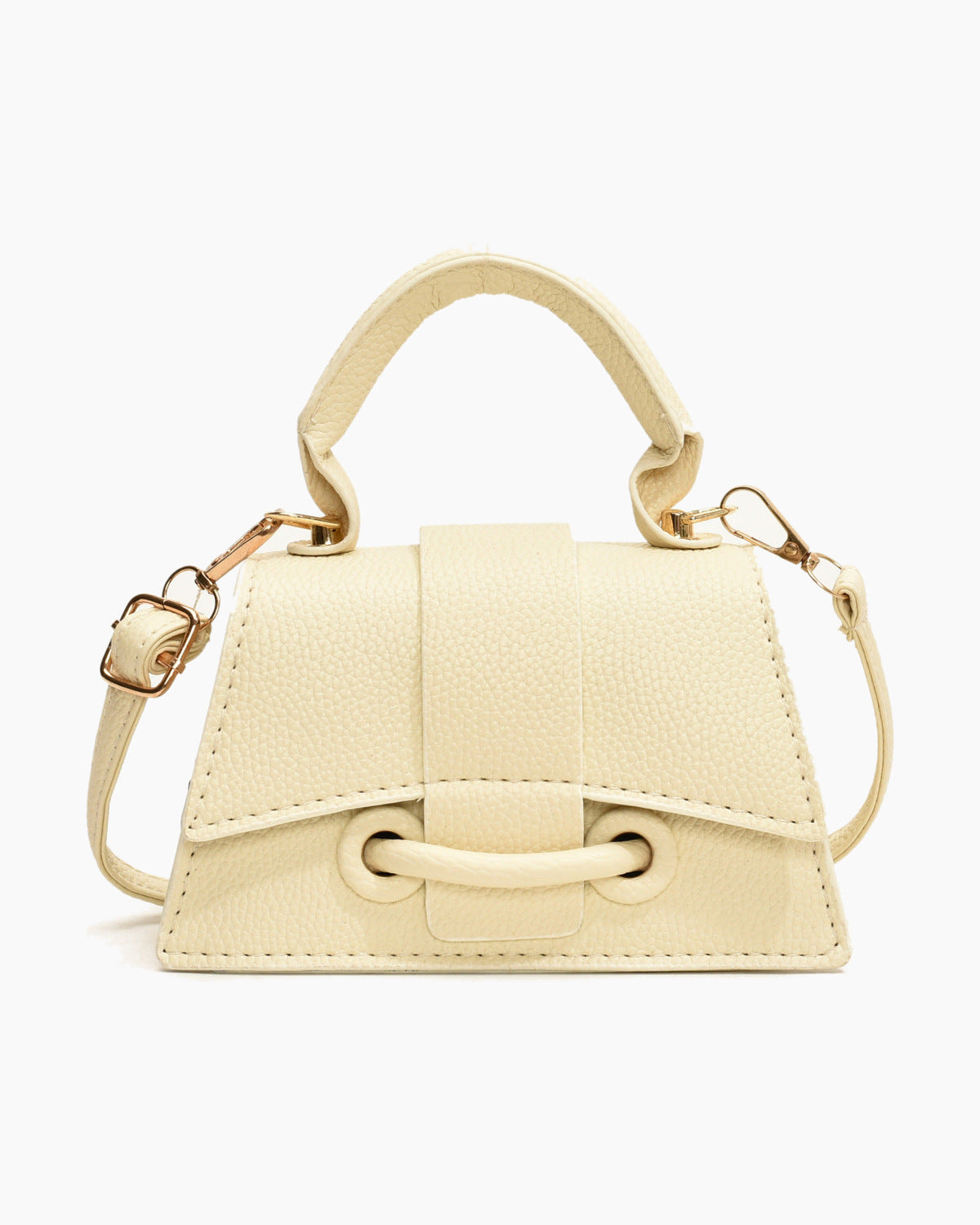 Cream mini top handle bag with a rolled top handle and a gold eyelet closure, on a plain background