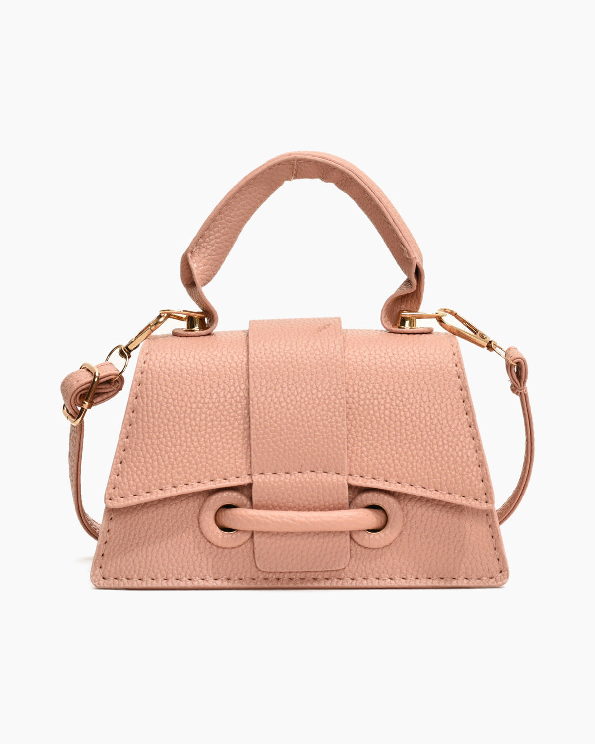 Pink mini top handle bag with a rolled top handle and a gold eyelet closure, on a plain background