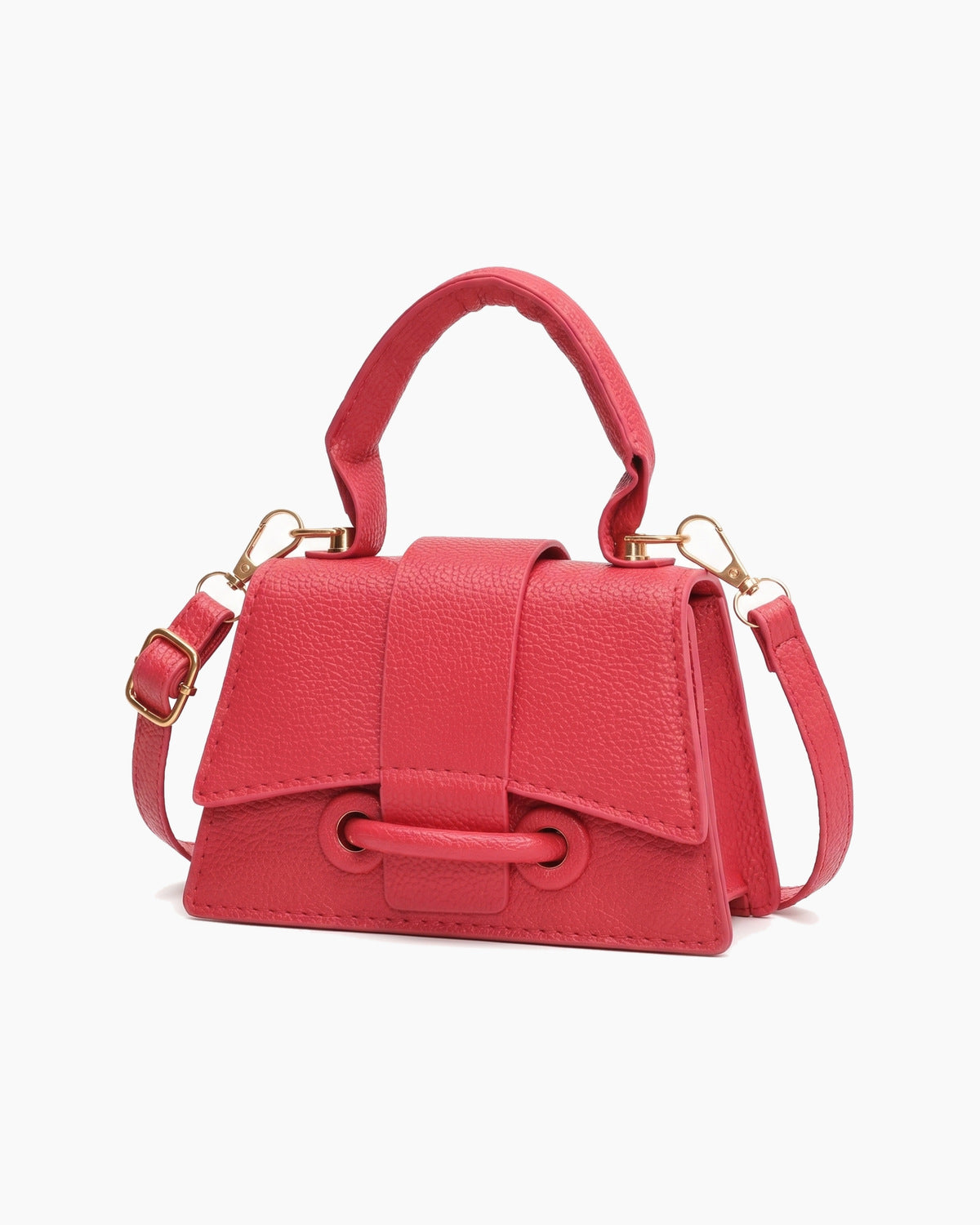 Raspberry mini top handle bag turned to show its side, on a plain background