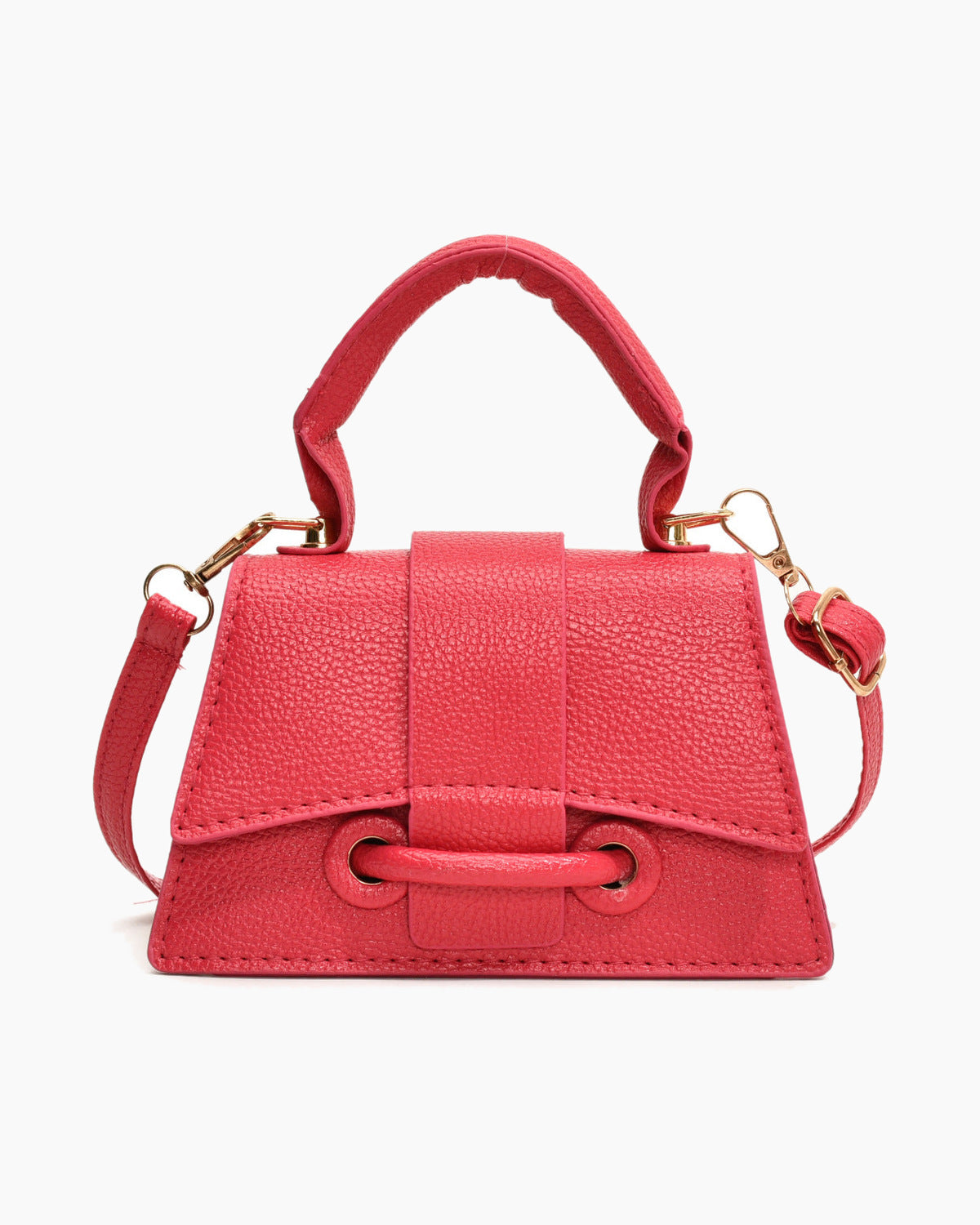 Raspberry mini top handle bag with a rolled top handle and a gold eyelet closure, on a plain background