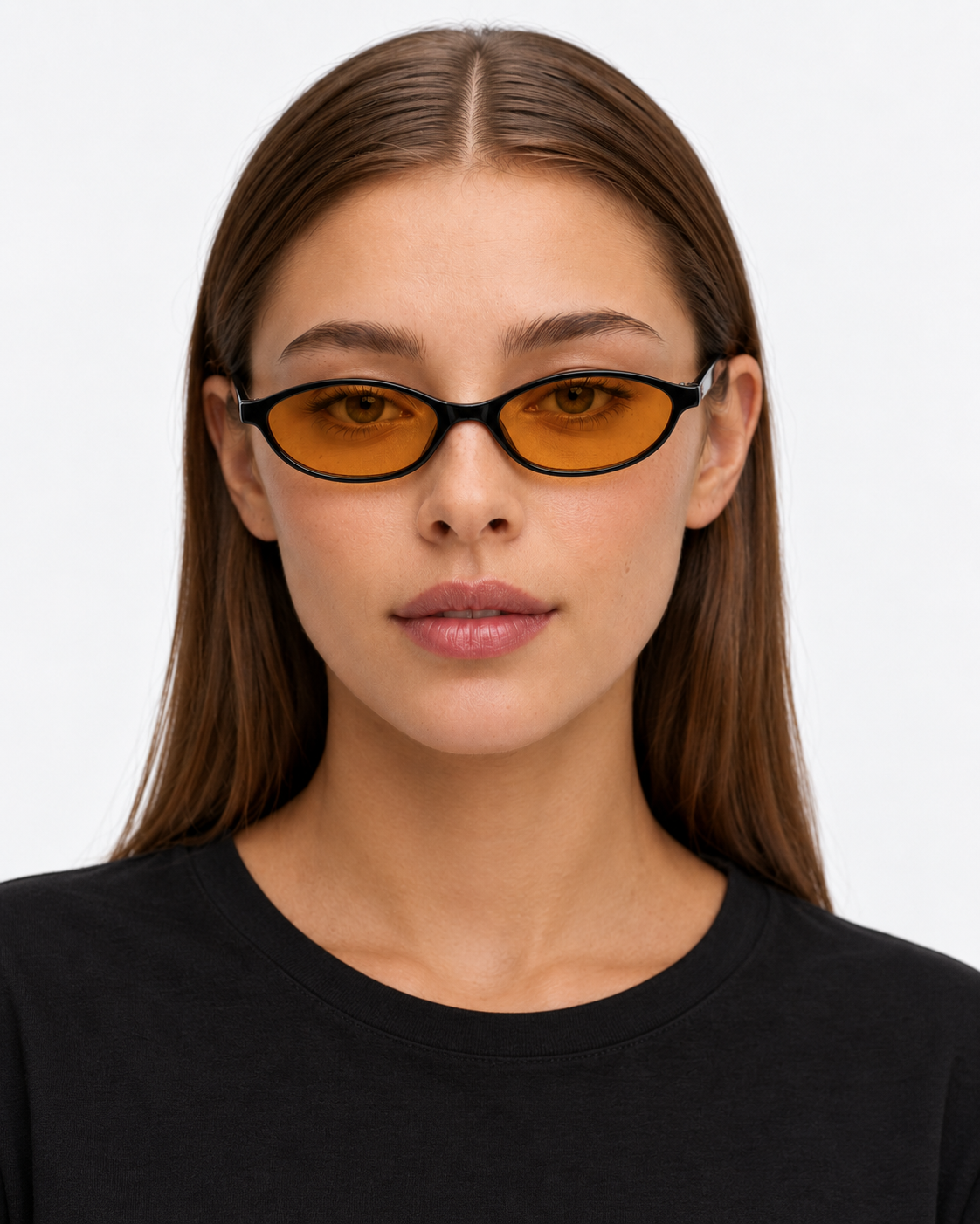 Oval Sunglasses in gloss black with tangerine orange lenses, worn by a woman