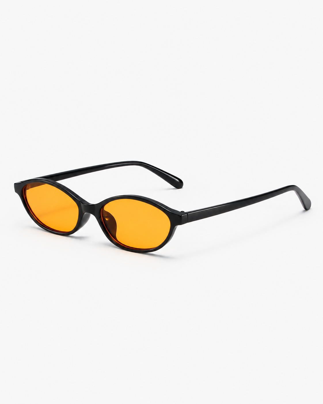 Oval Sunglasses in gloss black with tangerine orange lenses, side view
