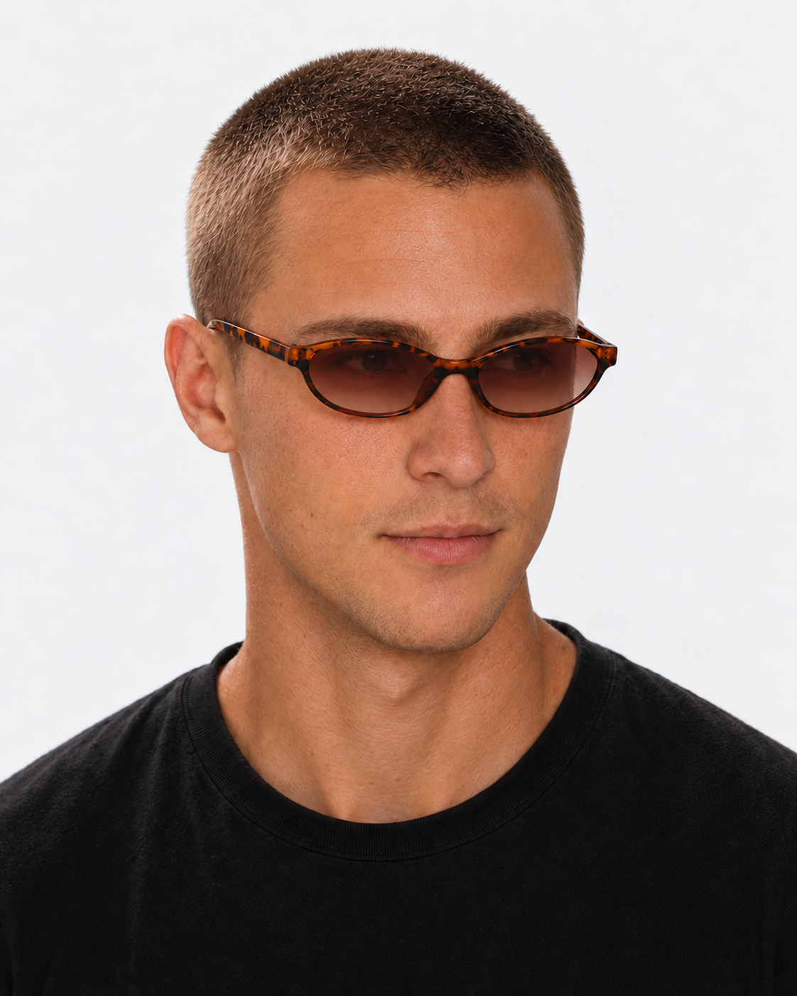 Oval Sunglasses in tortoiseshell with brown gradient lenses, worn by a man