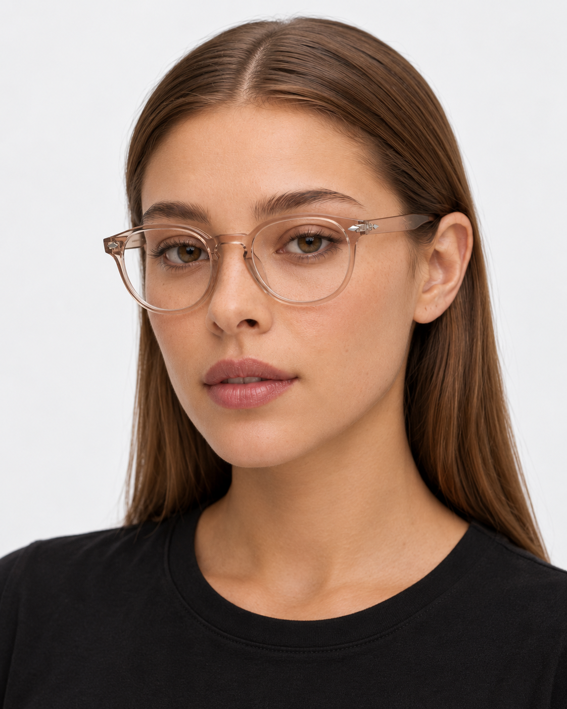 Round Blue Light Glasses with a translucent champagne frame, worn by a woman