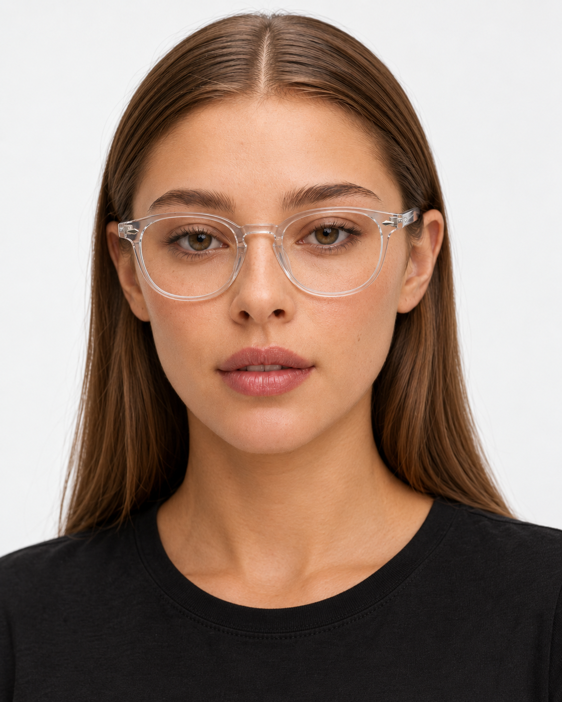 Round Blue Light Glasses with a clear frame, worn by a woman