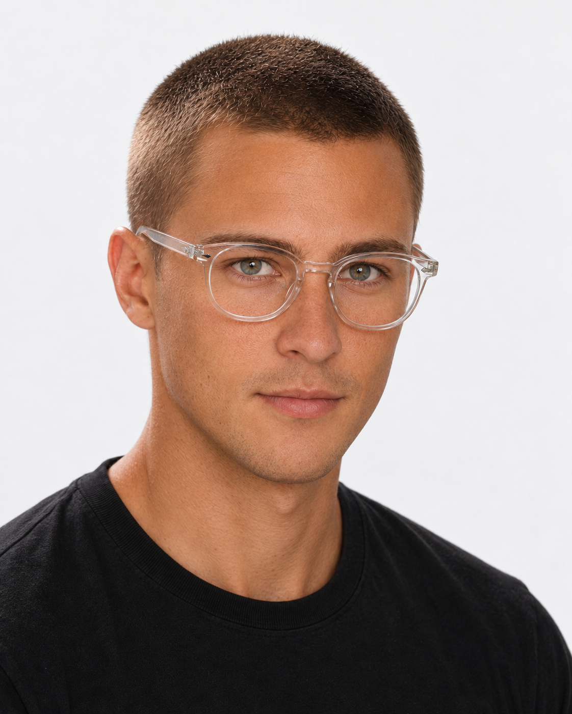 Round Blue Light Glasses with a clear frame, worn by a man