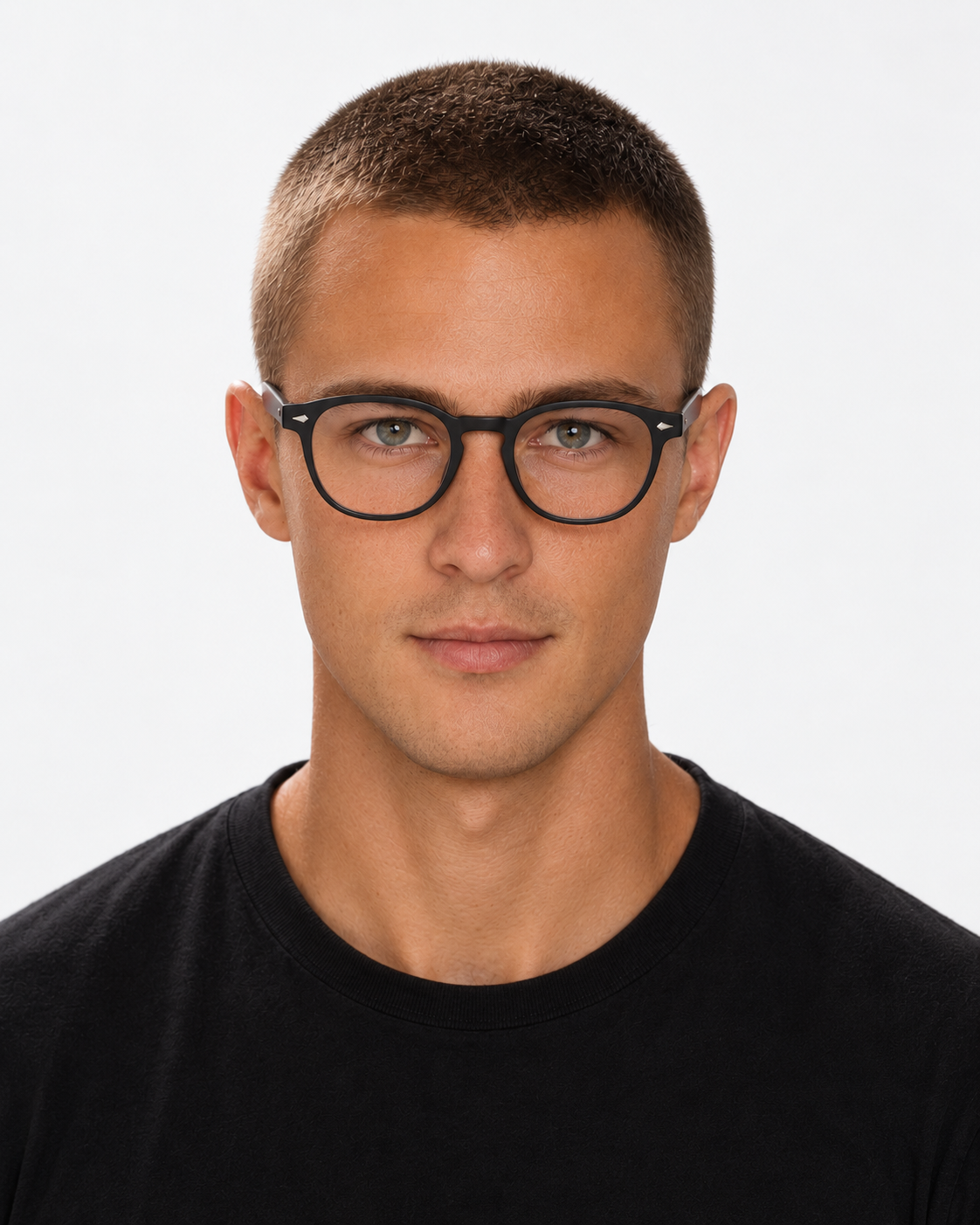 Round Blue Light Glasses with a matte black frame, worn by a man