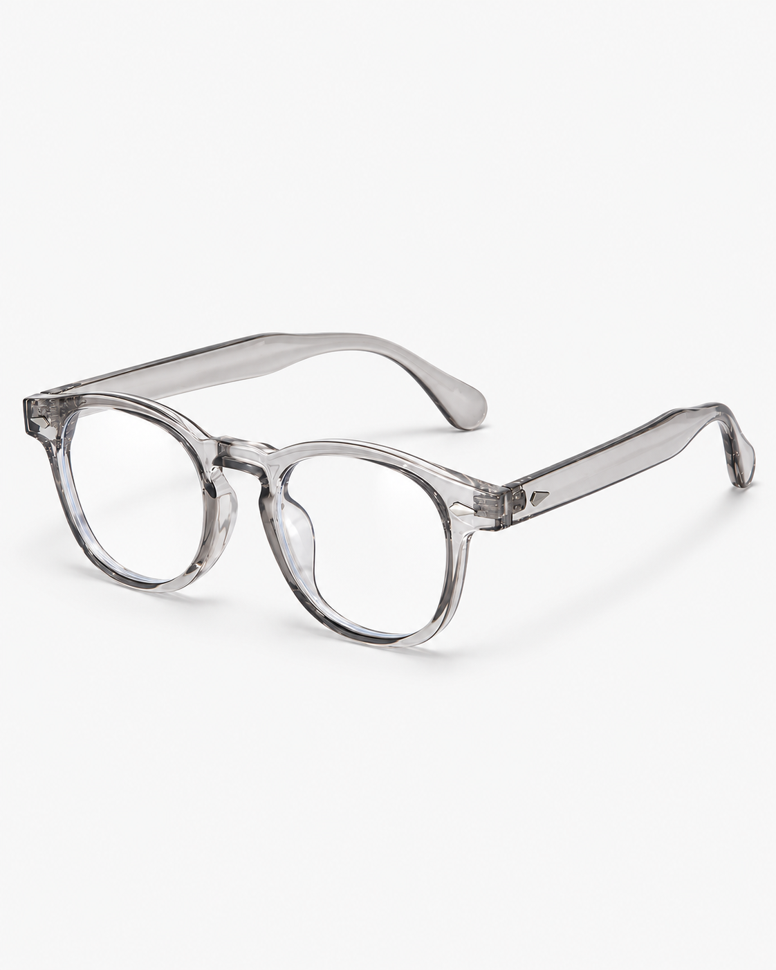 Round Blue Light Glasses with a translucent grey frame, three-quarter view
