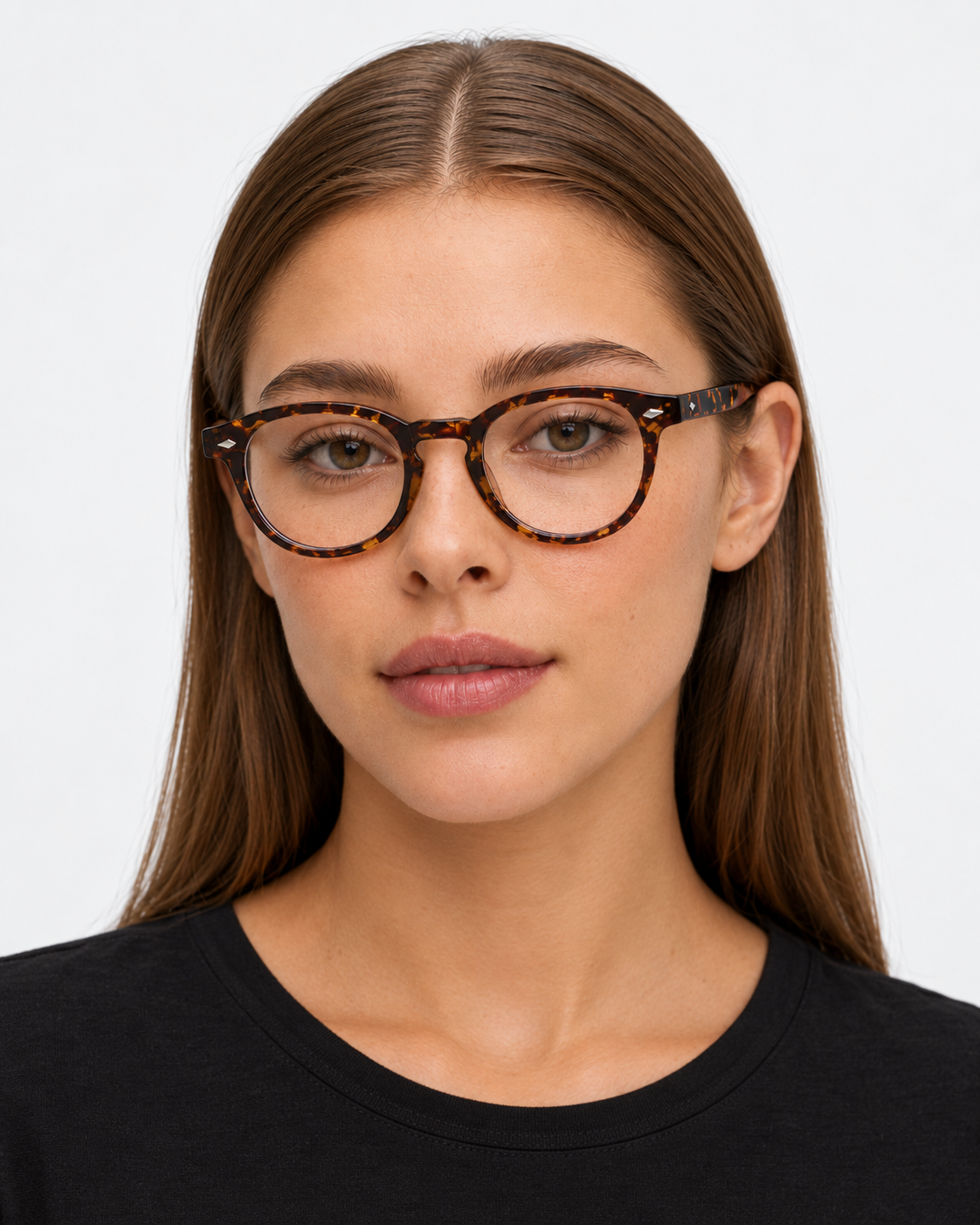 Round Blue Light Glasses with a tortoiseshell frame, worn by a woman
