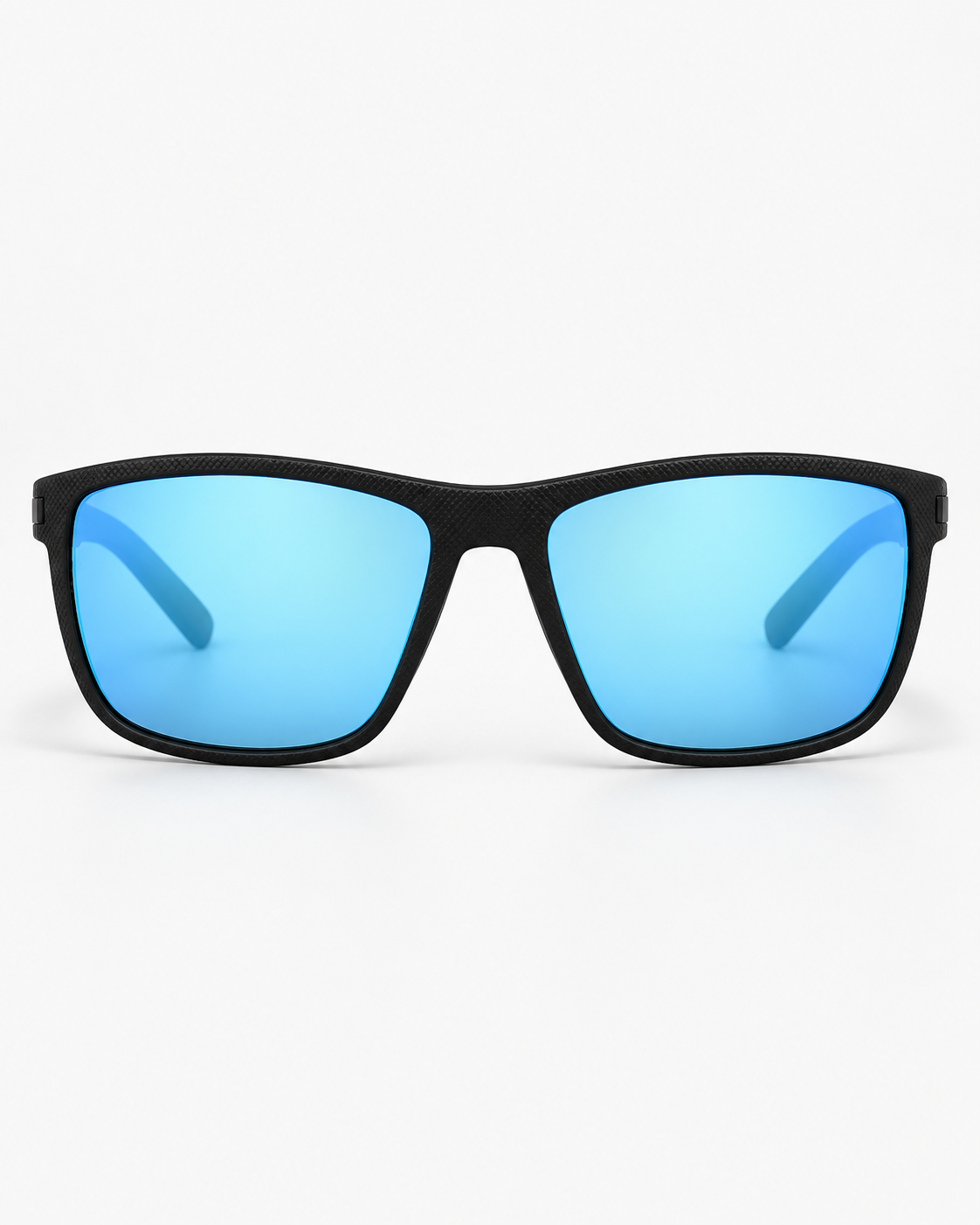 Polarized Sport Sunglasses with a matte black frame and ice blue mirror lenses, front view
