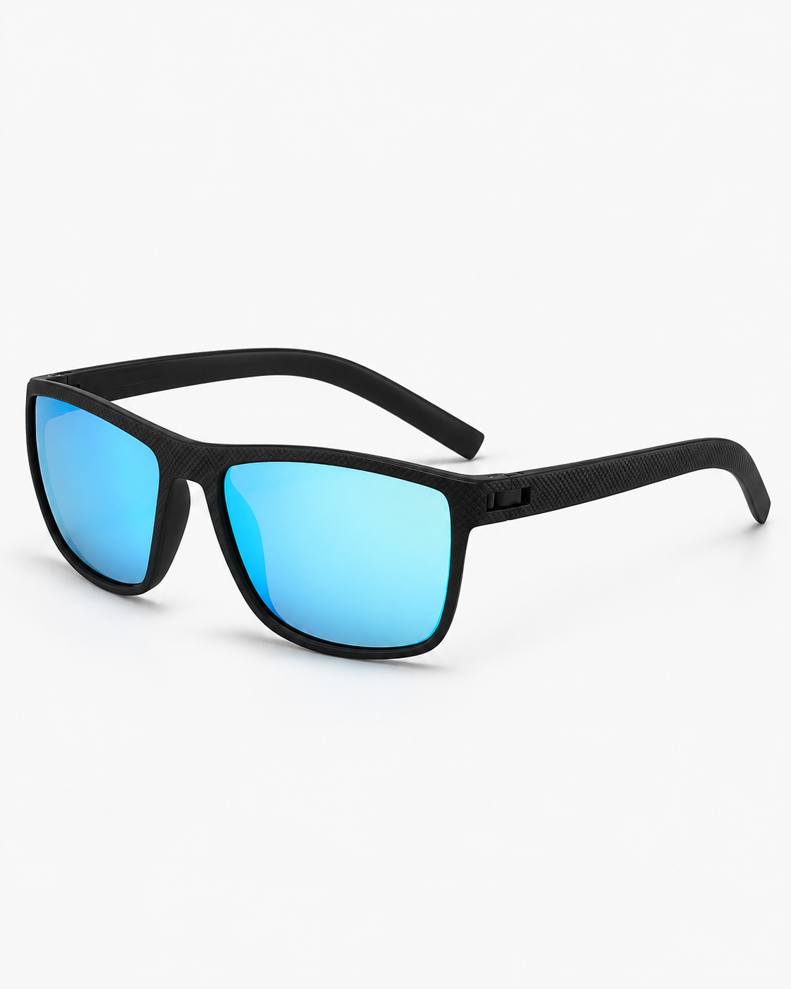 Polarized Sunglasses with a matte black frame and ice blue mirror lenses, three-quarter view