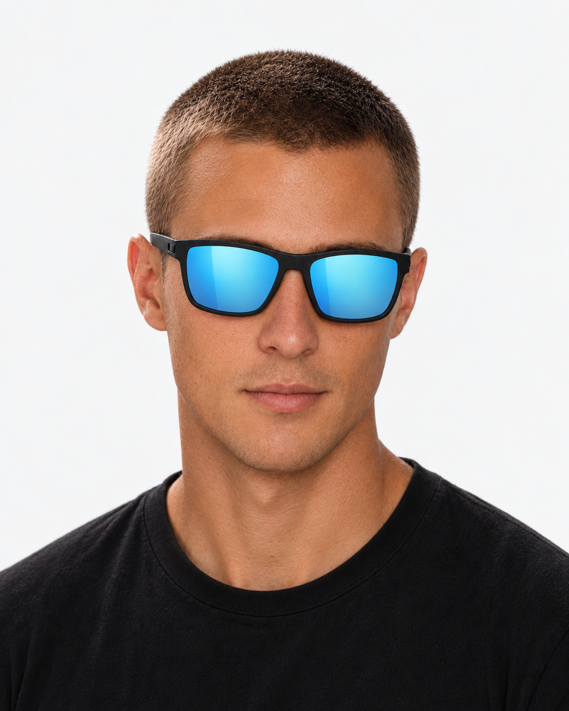 Polarized Sunglasses with a matte black frame and ice blue mirror lenses, worn by a man