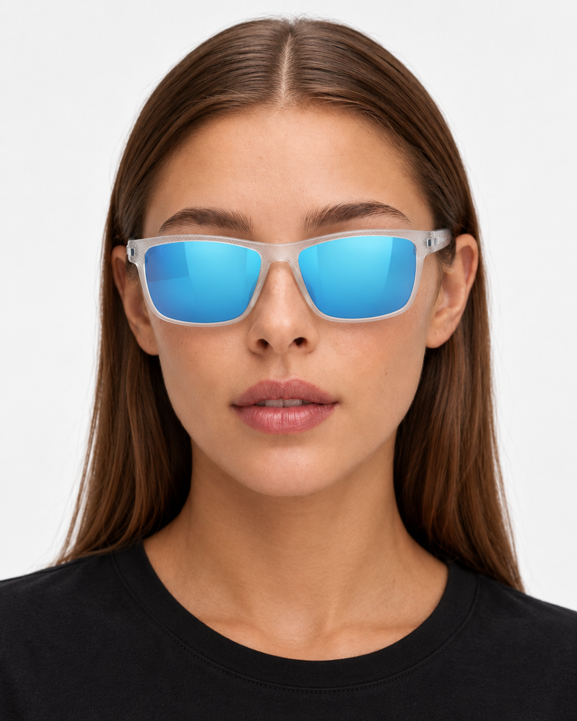 Polarized Sunglasses with a frosted clear frame and ice blue mirror lenses, worn by a woman