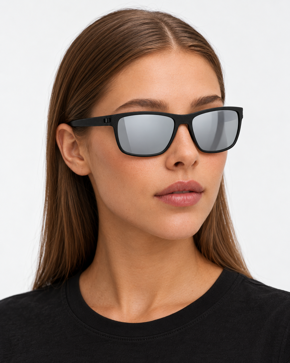 Polarized Sport Sunglasses with a matte black frame and silver mirror lenses, worn by a woman