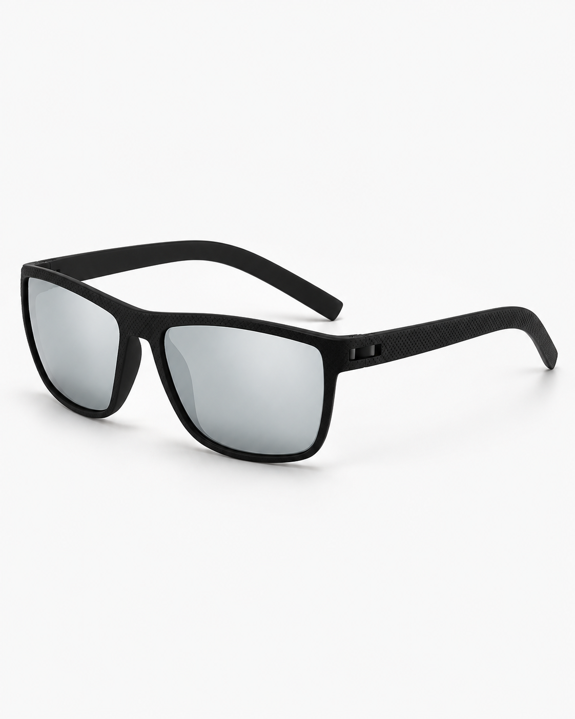 Polarized Sunglasses with a matte black frame and silver mirror lenses, three-quarter view