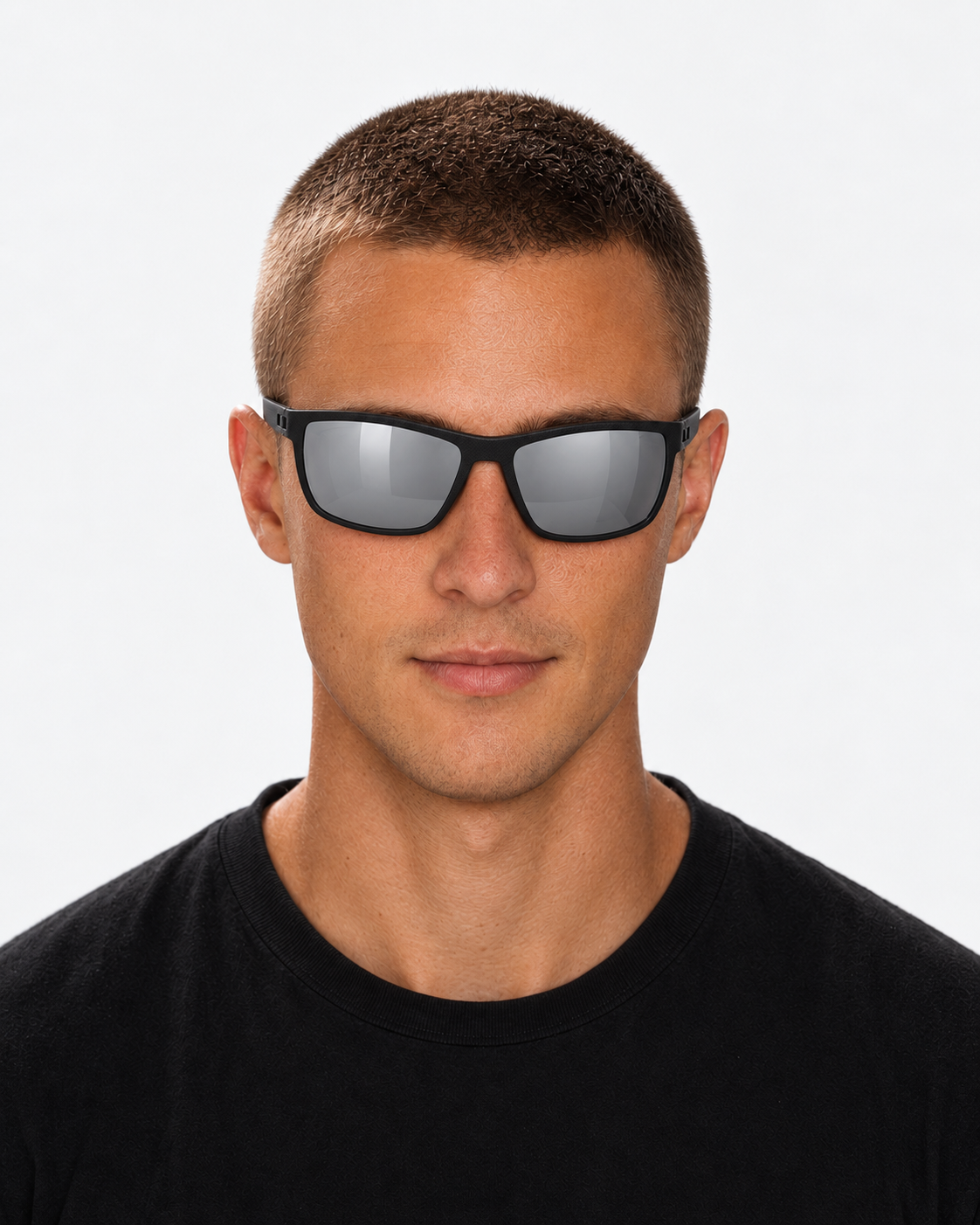 Polarized Sunglasses with a matte black frame and silver mirror lenses, worn by a man