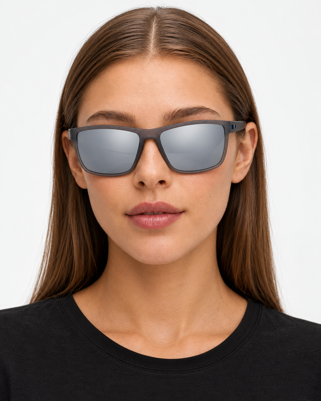 Polarized Sunglasses with a grey frame and silver mirror lenses, worn by a woman