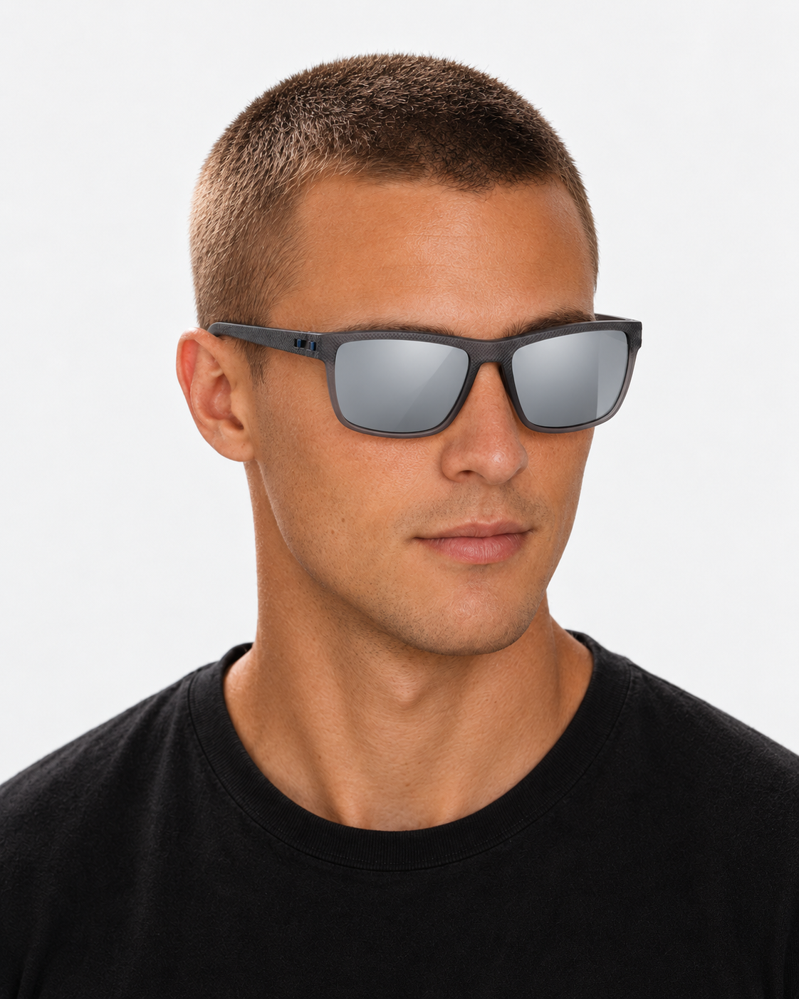 Polarized Sport Sunglasses with a grey frame and silver mirror lenses, worn by a man