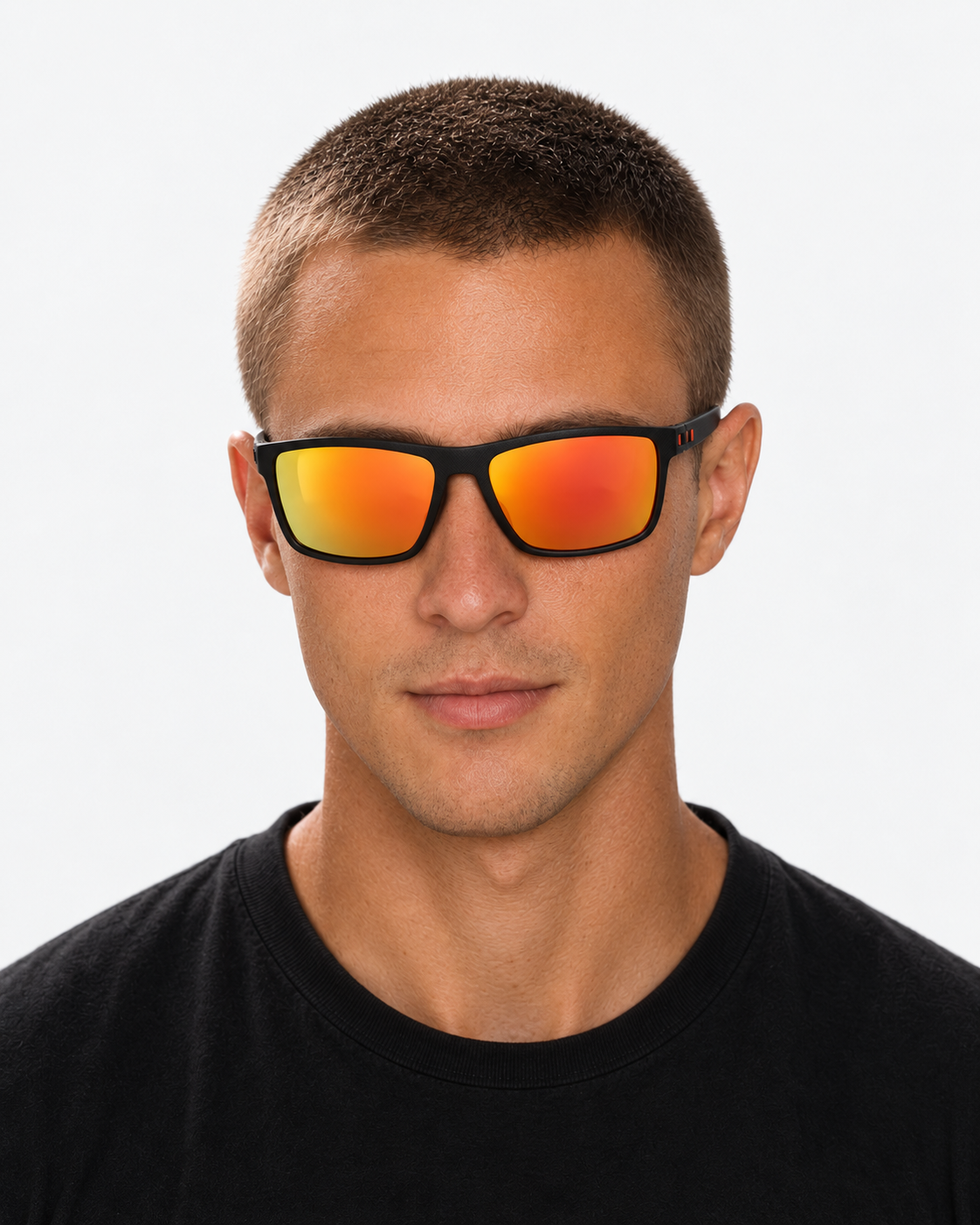 Polarized Sunglasses with a matte black frame and orange red mirror lenses, worn by a man