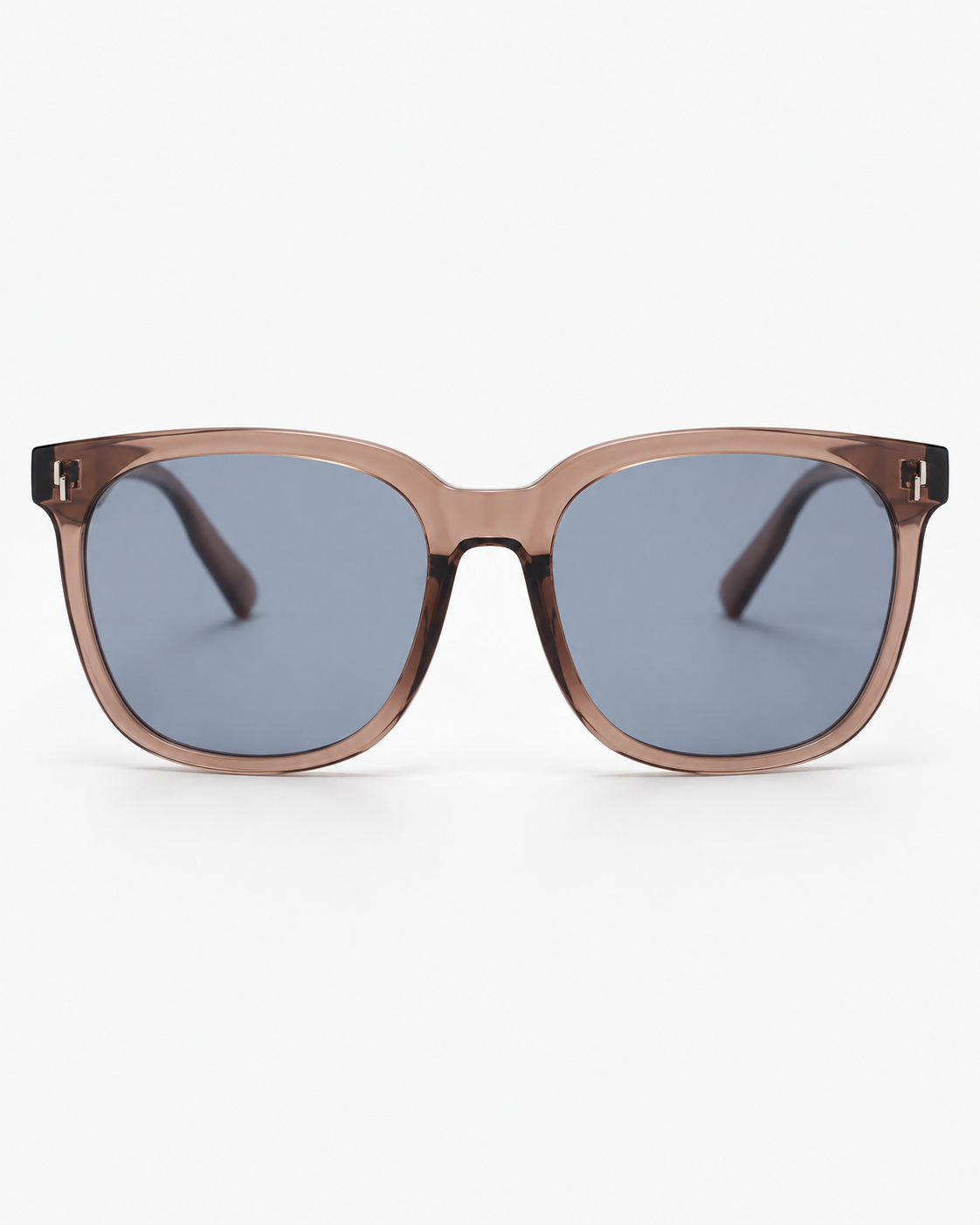 Oversized Square Sunglasses with a translucent brown frame and grey lenses, front view