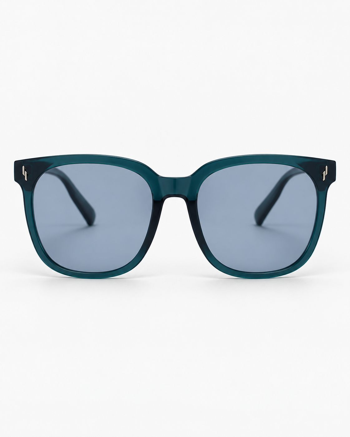 Oversized Square Sunglasses with a translucent teal frame and grey lenses, front view