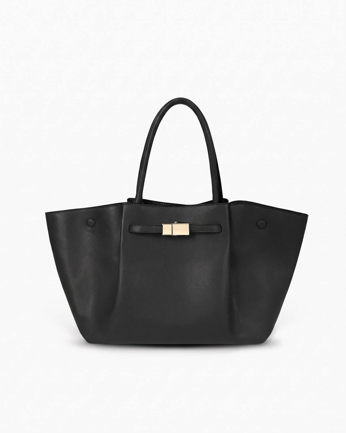 Black everyday tote bag with folded side panels and a gold turn-lock tab, on a plain background