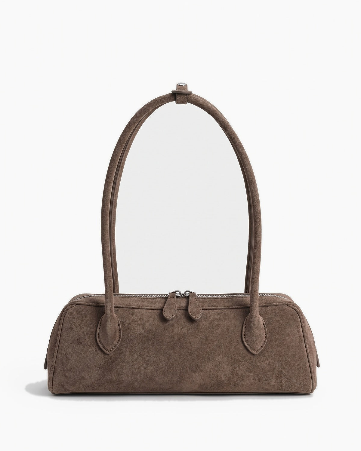 Taupe suede baguette bag with a top zip and twin short straps, on a plain background