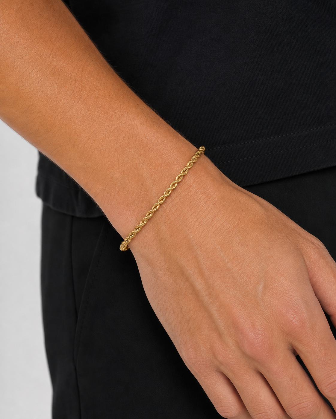 Gold Rope Bracelet 3 mm worn by Tyler, close-up