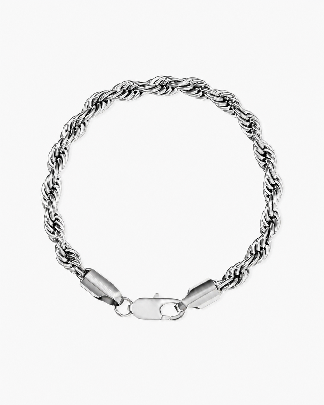Silver 5 mm rope bracelet with lobster clasp on a near-white background