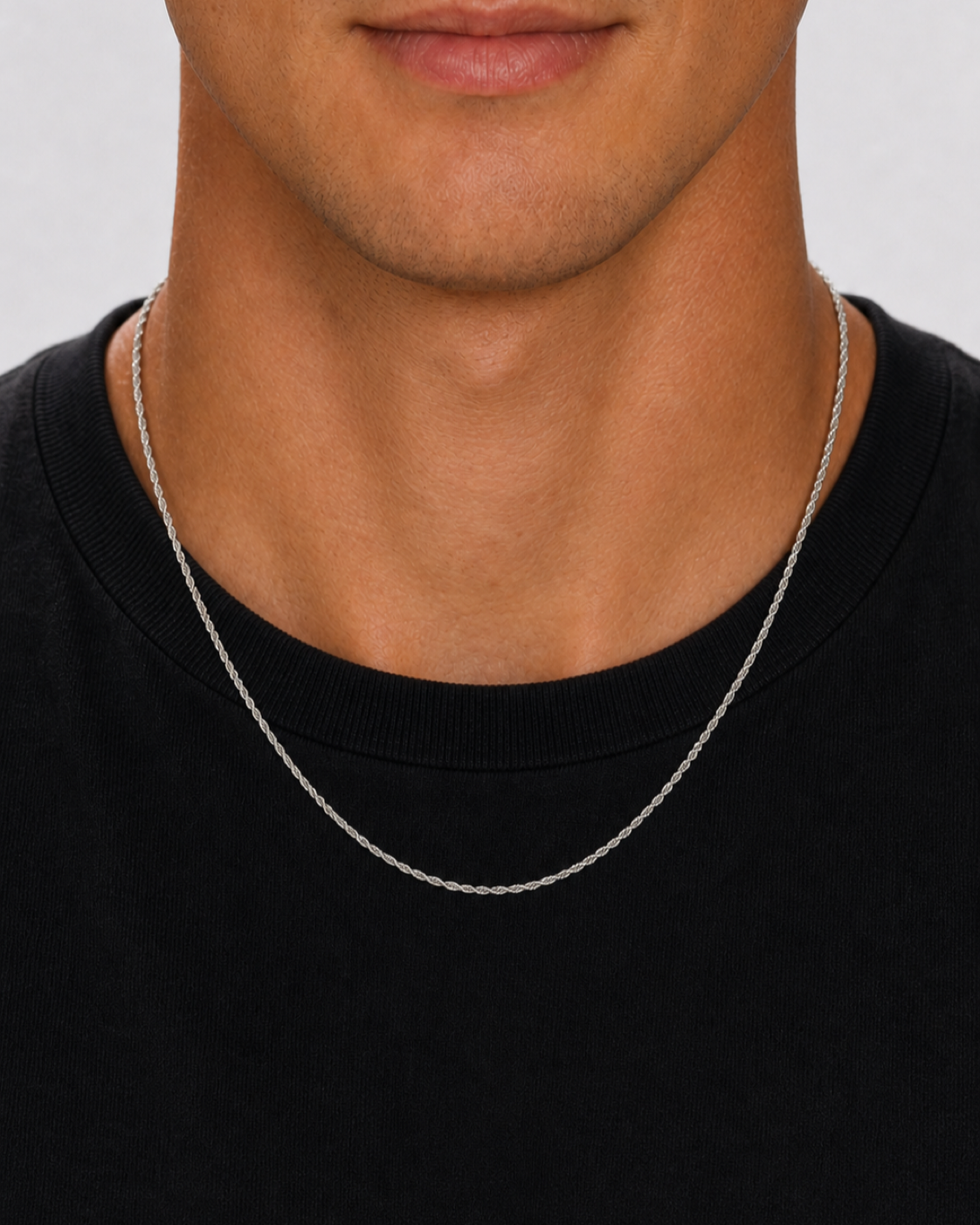 Silver Rope Chain 2 mm worn by Tyler, straight front view