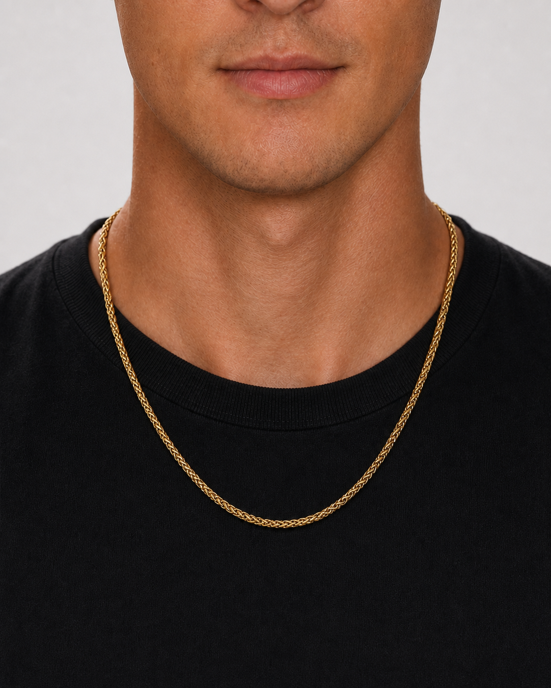 Gold Wheat Chain 3 mm worn on model
