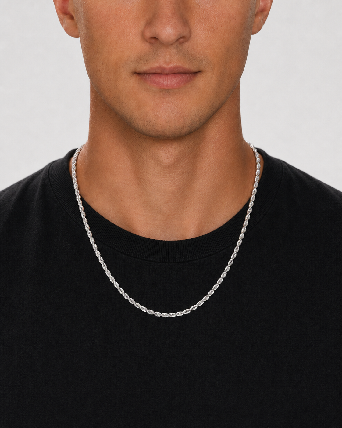 925 Sterling Silver Rope Chain 3 mm worn by Tyler, straight front view