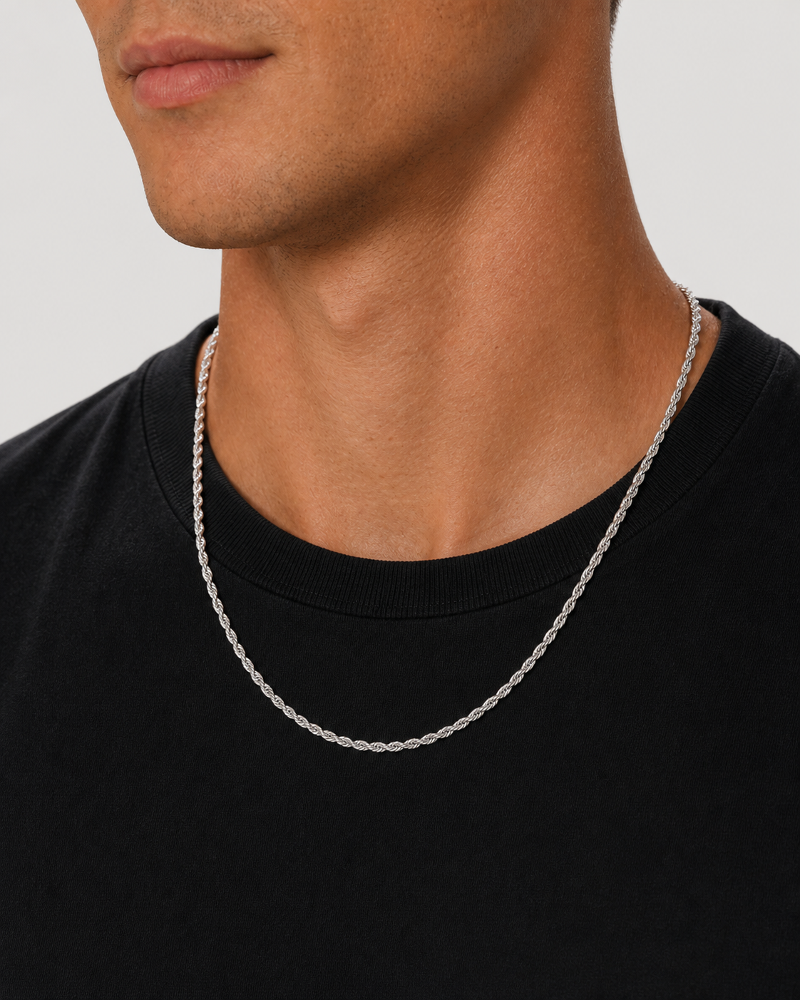 Silver Clean Rope Chain 3 mm worn by Tyler, close front view
