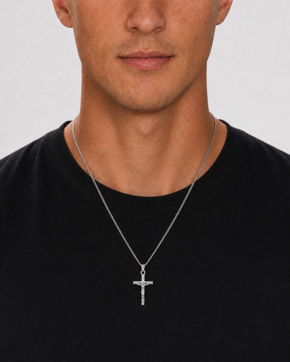 Silver Crucifix Pendant worn on model