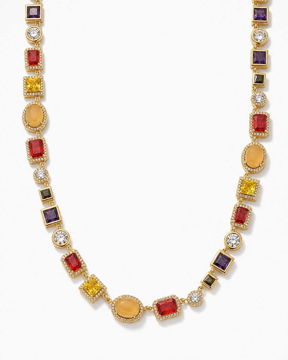 Gold Gemstone Necklace on a near-white background