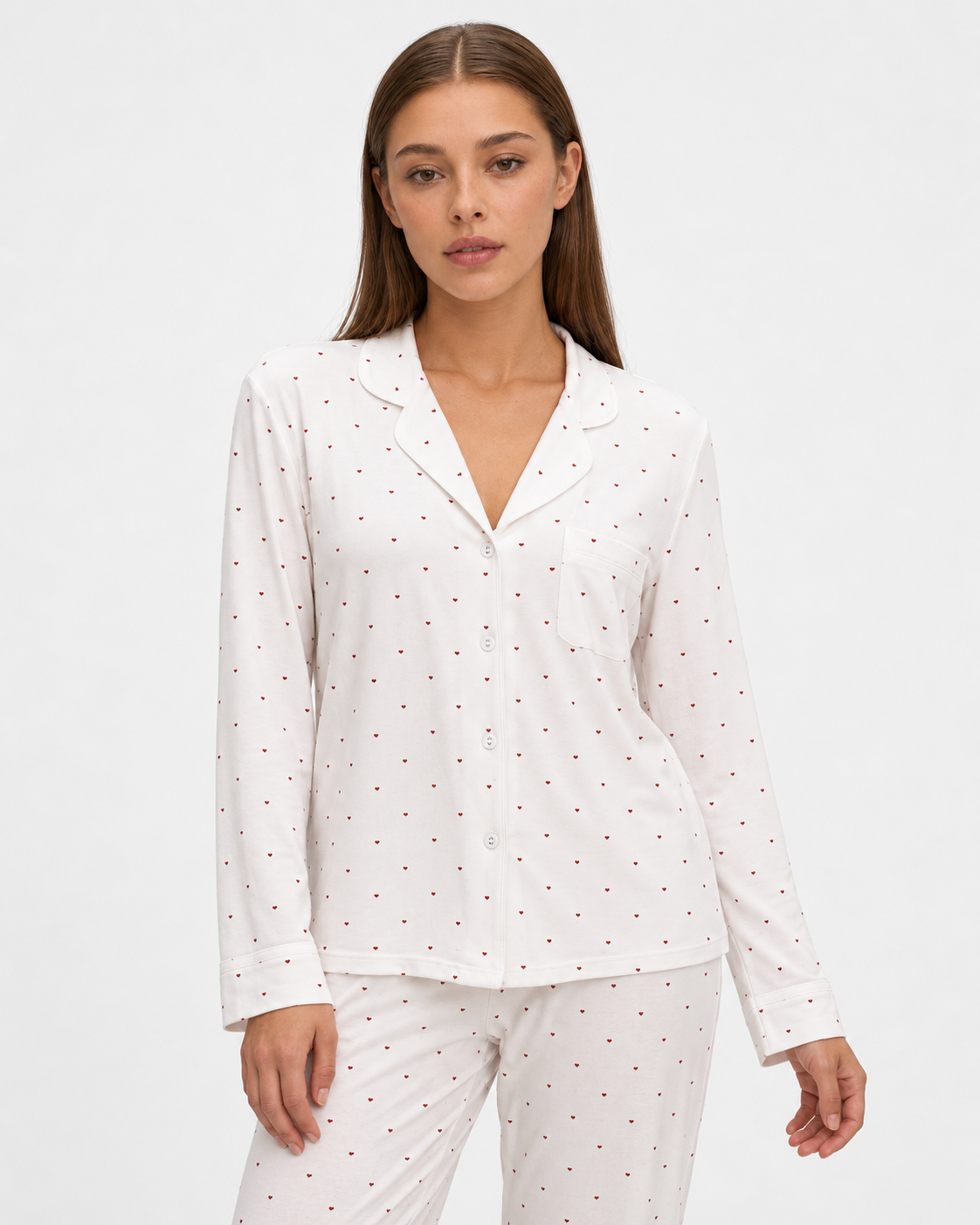 Sara wearing the Heart Print Pajama Set in white hearts, closer front view
