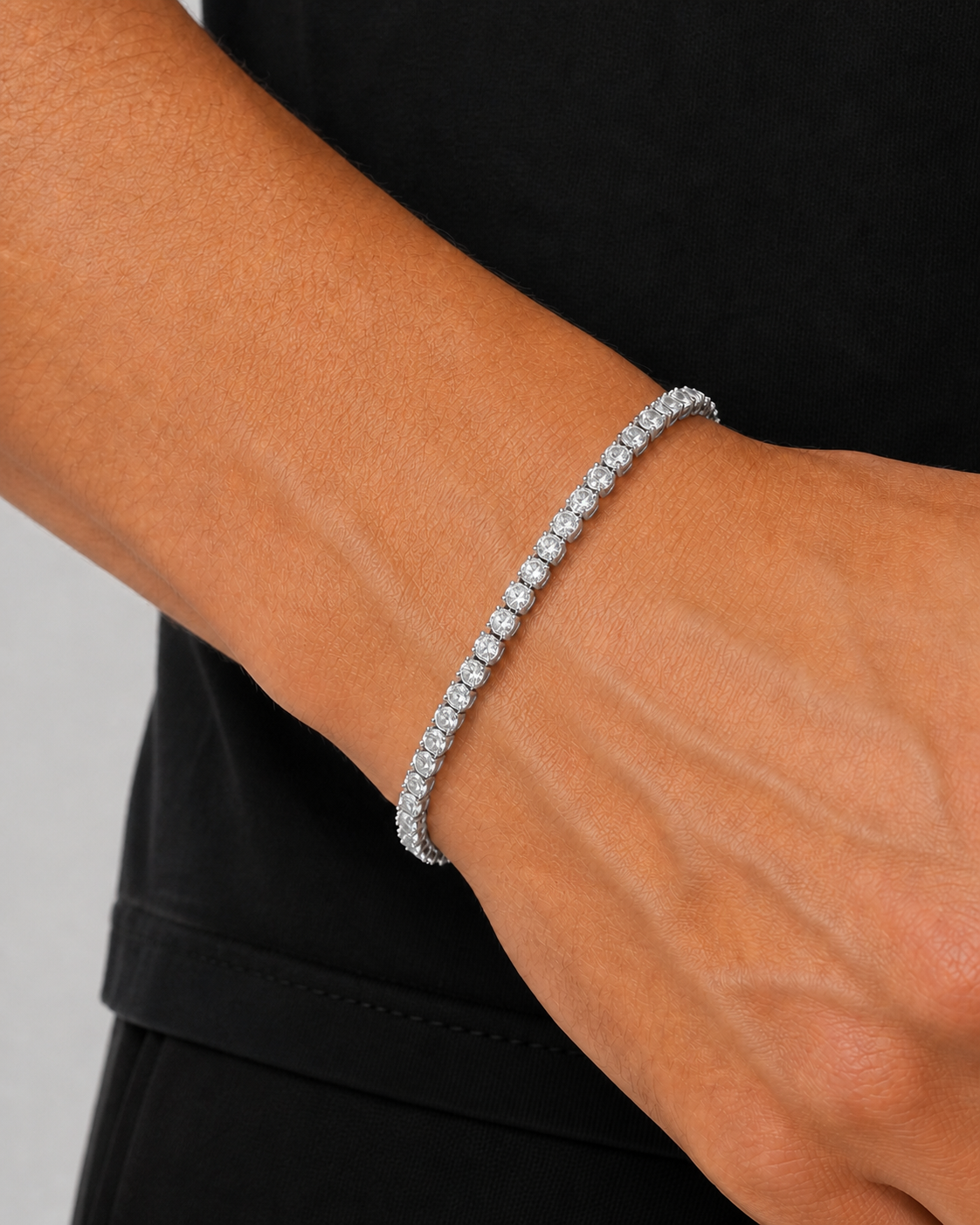 Silver Iced Tennis Bracelet 3 mm worn on Tyler's wrist in an angled close-up