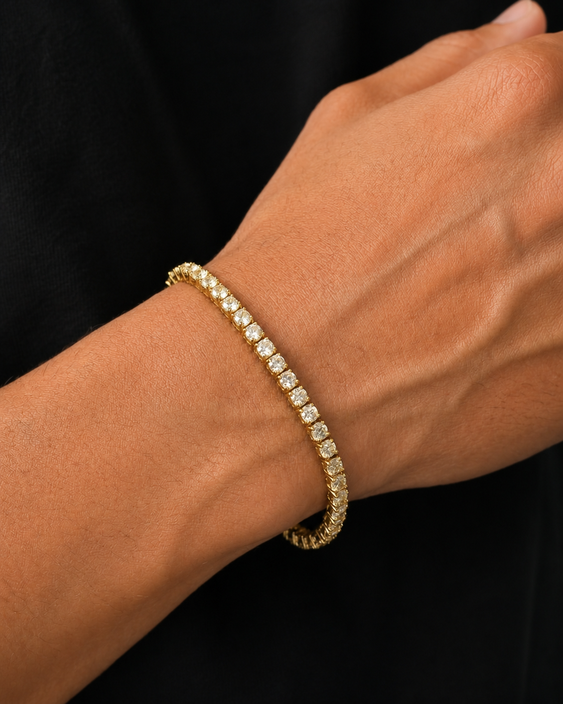 Gold Iced Tennis Bracelet 4 mm worn by Tyler in a close-up