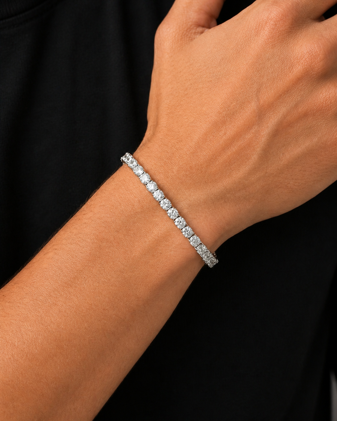 Silver Iced Tennis Bracelet 4 mm worn by Tyler in a close-up