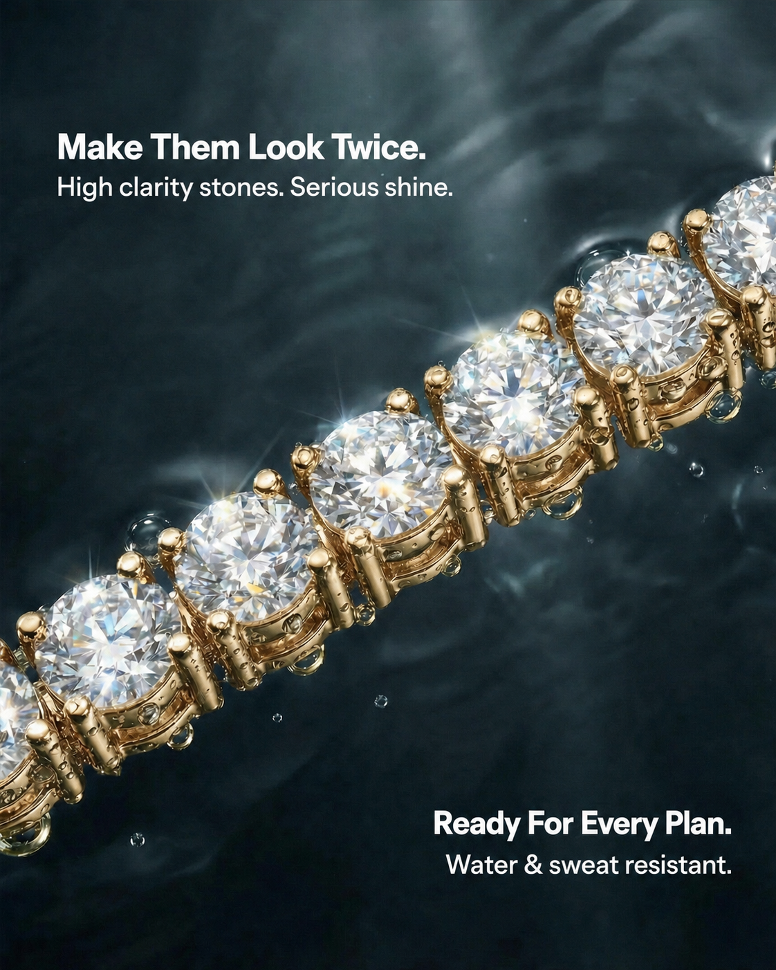 Gold Iced Tennis Chain detail showing water and sweat resistance