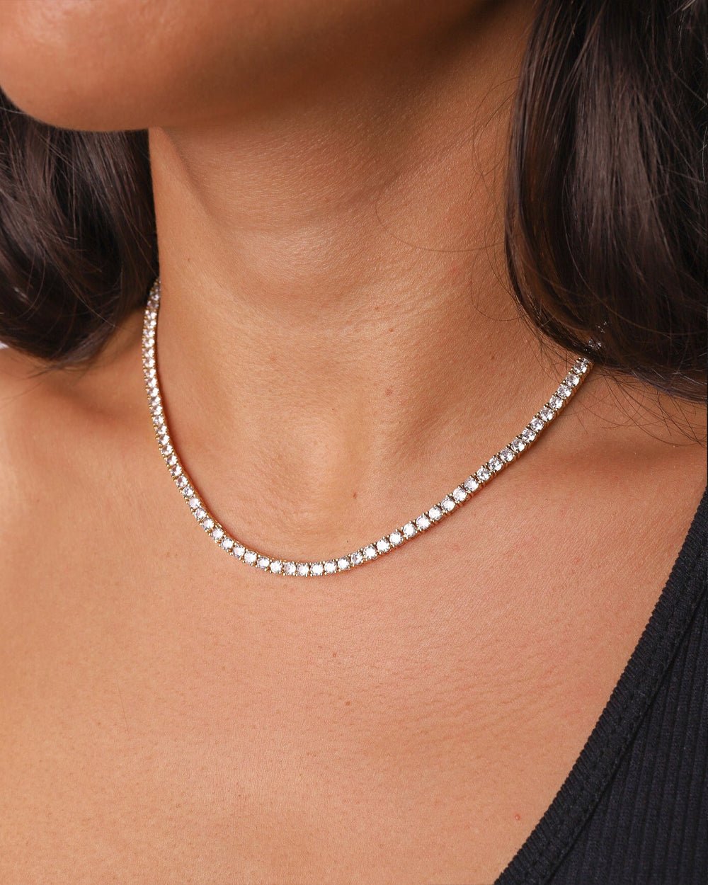 Silver Iced Tennis Chain 3 mm worn by Mell, angled view