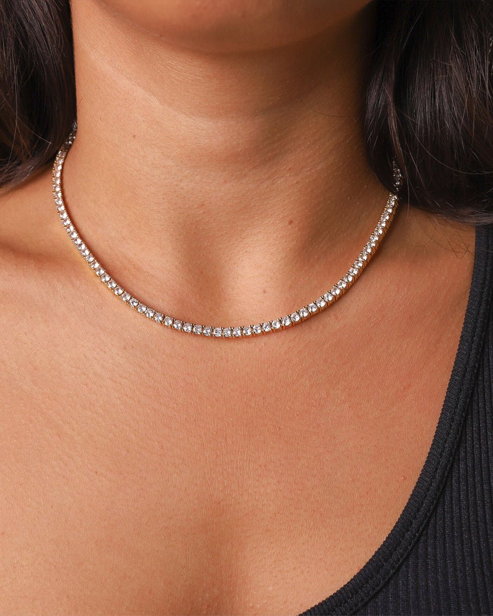Silver Iced Tennis Chain 3 mm worn by Mell, front view